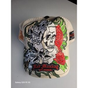 Red Monkey Los Angeles Skulls & Roses Embroidered Trucker Hat Tan White Patches